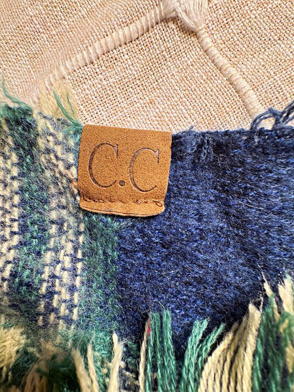 C.C Square Knit Throw Plaid Fringe Logo Blue Green Red White 52x52 Cottage